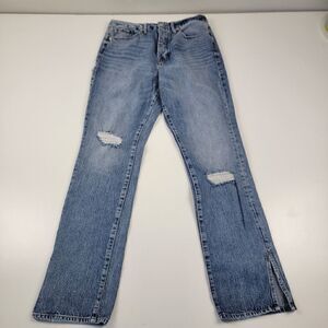 Good American High Rise Distressed Straight Leg Jeans - Light Blue